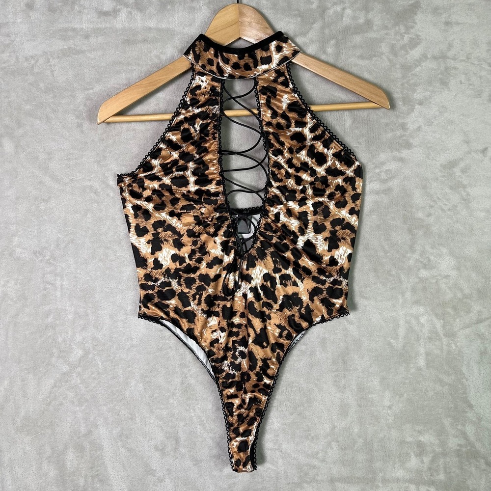 Frederick's Of Hollywood Body Suit L/XL Nine Lives Leopard Print Collar Thong